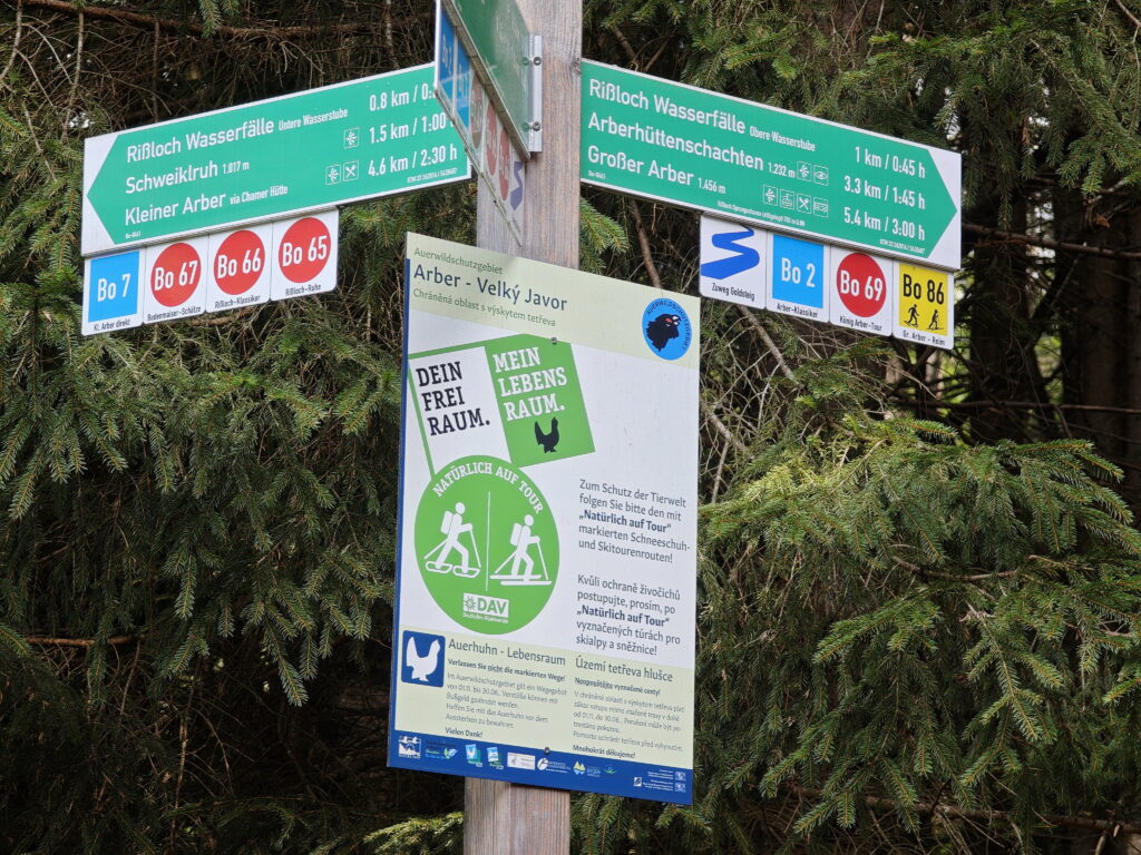 Wegweiser ermöglichen die Orientierung auf der Rieslochfälle Wanderung 